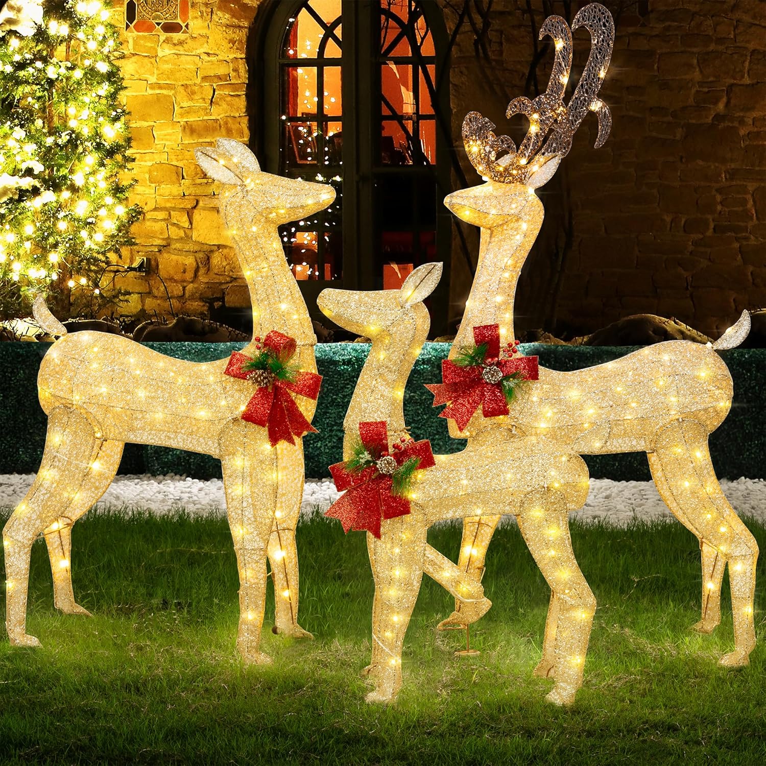 3-Piece LED Lighted Christmas Deer Outdoor Yard Decorations, 3D Super Large Christmas Reindeer Decor, Outdoor Lighted Holiday Deer with 360 LED Displays for Front Yards Garden Lawn Patio